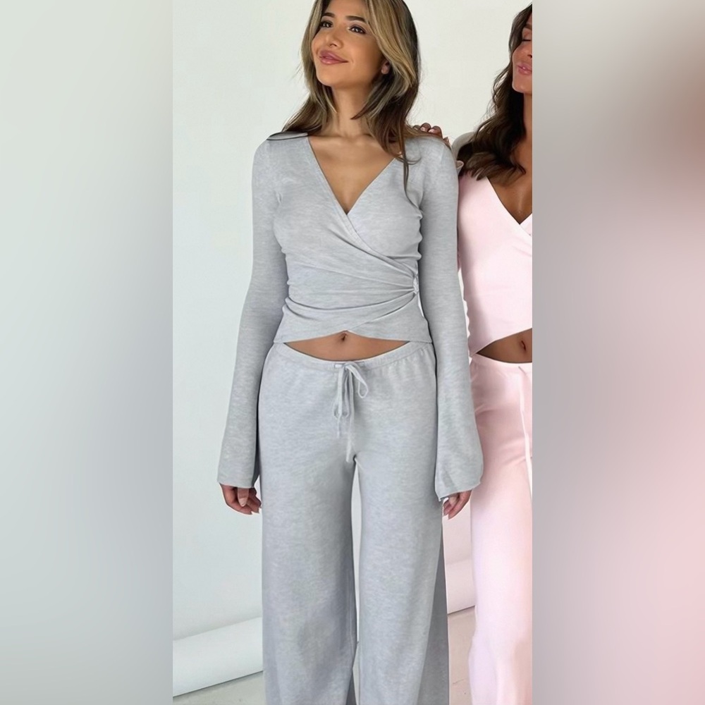 2 piece Women Light Gray Drawstring trousers and wrap around top